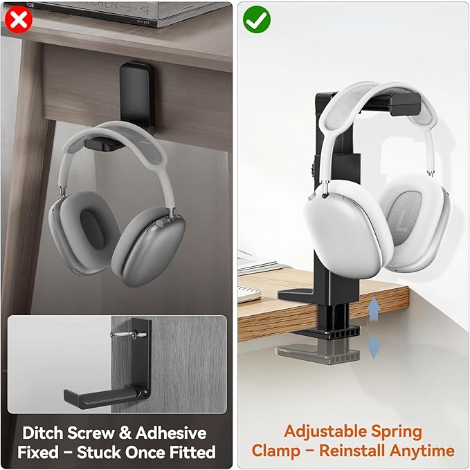 Headphone Stand & Hanger for Desk, 2 in 1 Above & Under Desk Gaming Headset Holder Mount with Height Adjustable & Rotating Clamp, Dual-sided Anti-slip Pad, Earphone Rack with Cable Clip, 1 Hooks