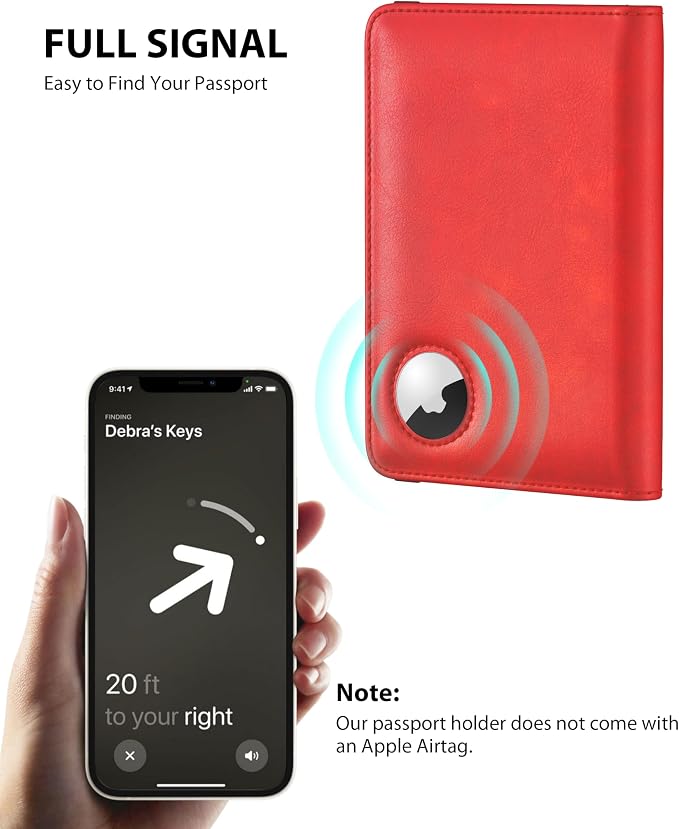 Stouchi AirTag Passport Holder, Simple Passport Holder with Airtag Slot, RFID Passport Wallet Cover for Women, Family Leather Passport Protector Case, Anti-Lost Travel Accessories, Red