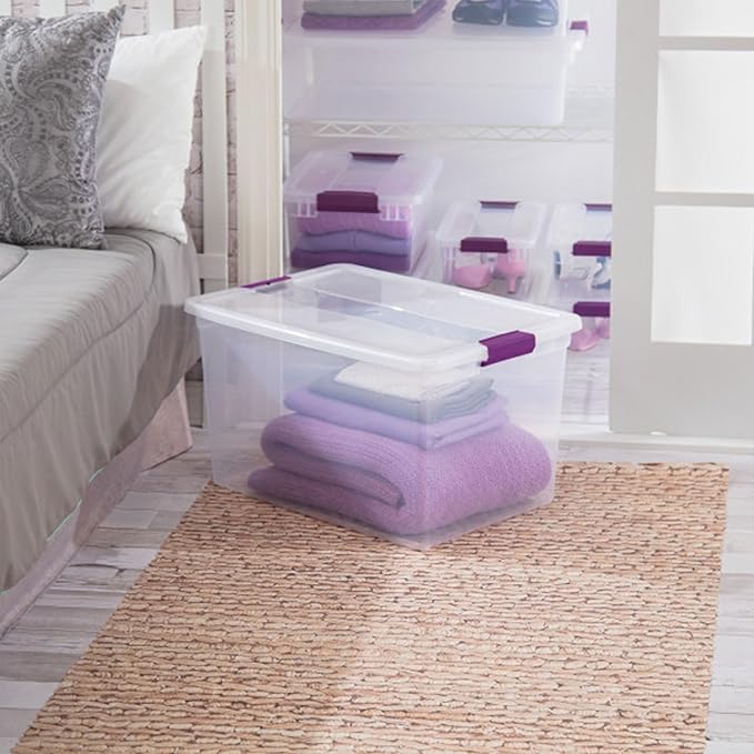 Sterilite 66 Qt ClearView Latch Storage Box, Stackable Bin with Latching Lid, Plastic Container to Organize Clothes in Closet, Clear Base, Lid, (Pack of 6)