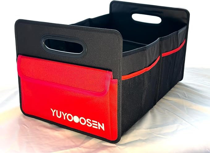Car Trunk Organizer Cargo Organizer Large red pockets,Trunk Storage Waterproof Collapsible Durable Multi Compartments With Mesh Bag For Sedan Suv Home Camping(BLACK)