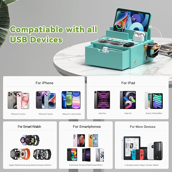 Pezin & Hulin Bamboo Charging Station for Multi Device, with Power Charger & Cables, Nightstand Docking Stand with Felt Pad Tray & Drawer, Compatible with Tablet, Cell Phone, Smart Watch-Teal