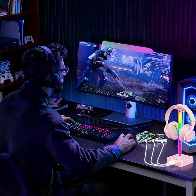 cozoo Gifts for Teen Girls Cute Pink RGB Headphone Stand & Charging Station, 3 USB 2 AC Outlets - Stylish Gaming Headset Holder, Desk & Game Room Decor, Christmas Gifts for Girlfriend, Women, Gamers
