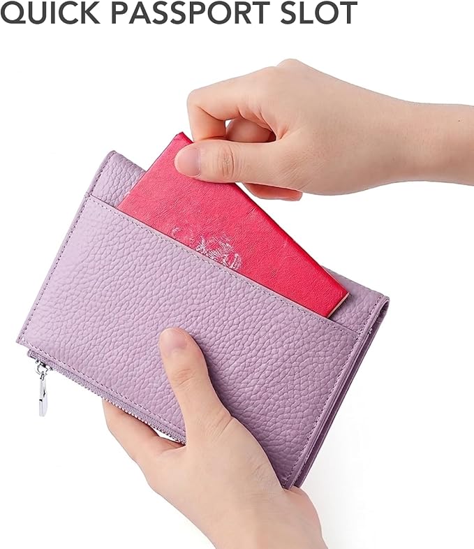 Genuine Leather RFID Blocking Passport Wallet for Women, International Travel Organizer with Card Slots, ID Window, Zipper Coin Pocket and SIM Slots,Purple