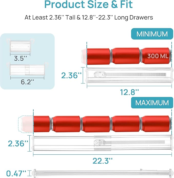 Vtopmart 2.36” Drawer Dividers with Expandable Inserts, 12.8"-22.3" Adjustable Kitchen Drawer Organizer, Clear Plastic Organizer Separator for Flatware, Utensil, Cutlery, 4 Dividers with 6 Inserts