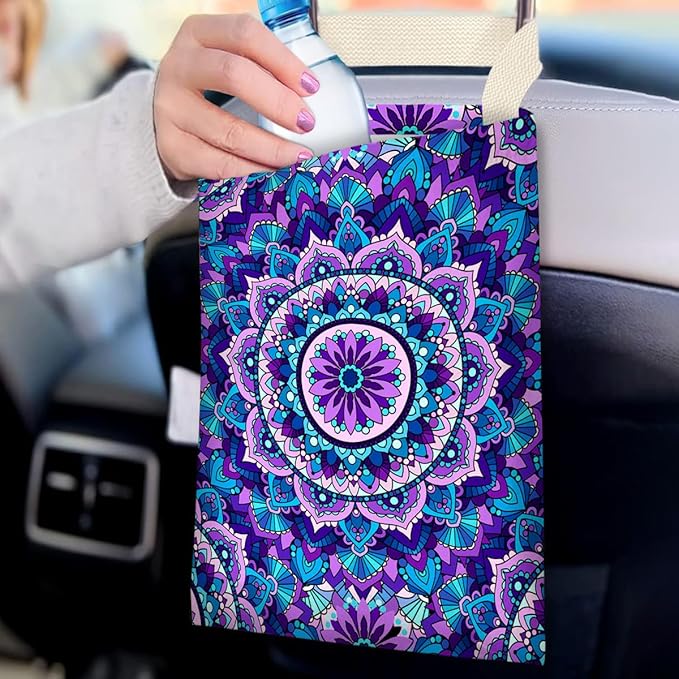 IRADA Mandala Flower Car Trash Bag - Purple, Polyester, 11X14 inches, 154 cubic inches, Car Accessory