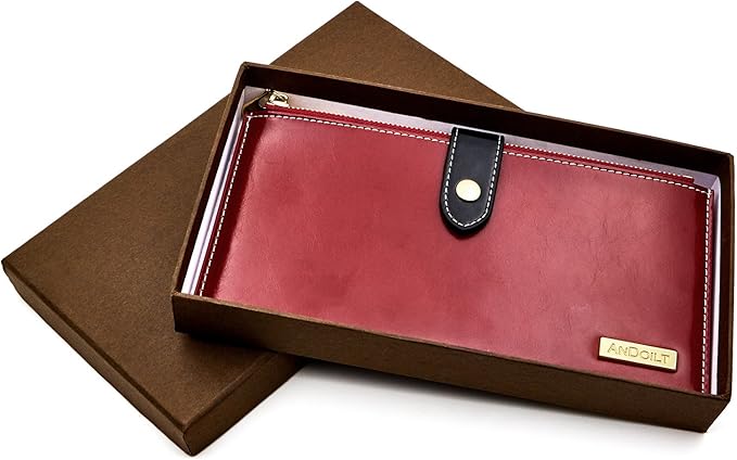 ANDOILT Women's Genuine Leather Wallet RFID Blocking Credit Card Holder Zipper Purse Cell Phone Handbag