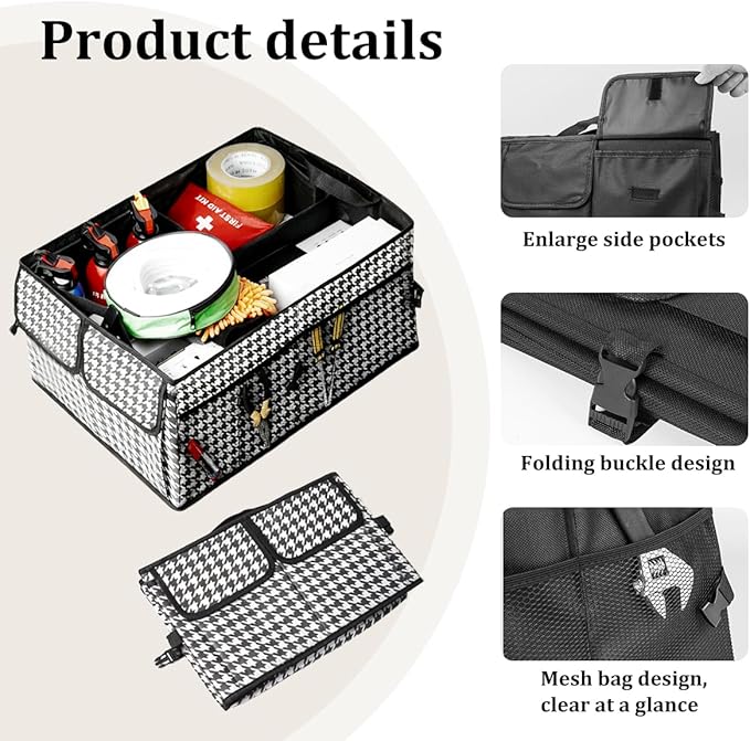 Car Trunk Organizer, Large Capacity Collapsible Multi-Compartment Vehicle Trunk Storage Organizer, Foldable Auto Rear Seat Organization Box for Cargo Grocery, Universal Fit (Houndstooth)