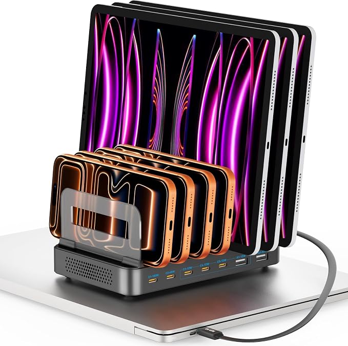 288W GaN 8-Port USB Charging Station, Retractable Cable with Cooling Fan & Detachable Organizer for MacBook, iPhone, iPad, Samsung, Laptop, Tablet - Black
