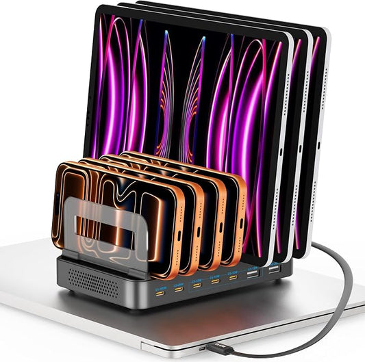 288W GaN 8-Port USB Charging Station, Retractable Cable with Cooling Fan & Detachable Organizer for MacBook, iPhone, iPad, Samsung, Laptop, Tablet - Black