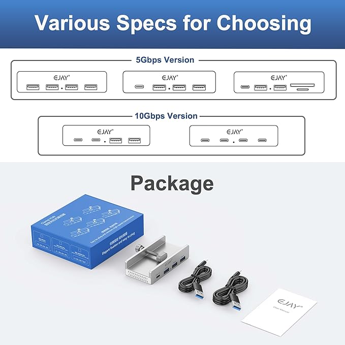 EJAY Mountable 4Ports USB3.0 HUB Alu Desktop Clamp Type C USB3.0 Splitter for Desk/Monitors with Extra Power Supply Port,59inches Data & 39inches Power Cables-5Gbps, Silver
