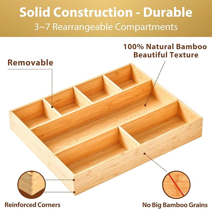 Umilife Large Bamboo Desk Drawer Organizer, Wood Office Junk Tray, 15"x12" | 2.4" Tall for Deep Drawer - Adjustable slots - Anti Slip Silicone Pads - Versatile Storage Box in Kitchen, Pantry