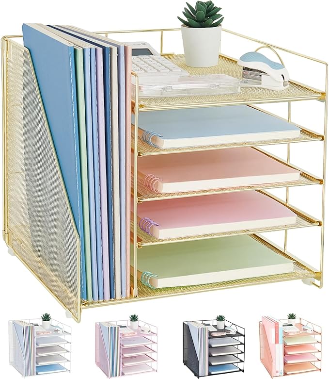 LEKETREE Desk Organizers and Accessories, 5-Tier Paper Letter Tray Organizer with File Holder, Desktop Organizer for Office Supplies (Gold)