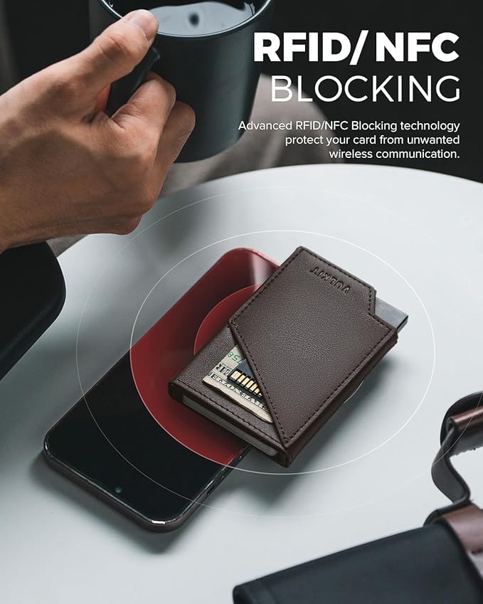 VULKIT Pop up Card Wallet RFID Blocking Slim Aluminum Metal Bank Card Holder Case with Business Money Pocket for Credit Cards Notes and Coins Dark Brown