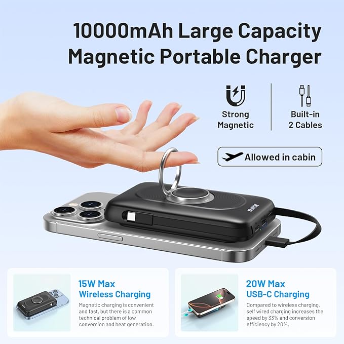 BLAVOR for Magsafe Portable Charger with Built-in Cables, 10000mAh Wireless Magnetic Power Bank with Stand, USB C 20W PD Fast Charging Travel Battery Pack for iPhone 17/16/15/14/13/12 and Apple Watch