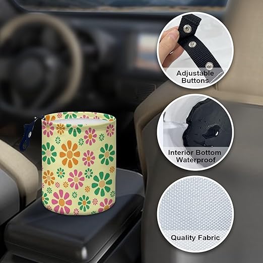 Colorful Hippie Flower Car Trash Bin Garbage Can Foldable Rubbish Bin Basket Bag Portable Cup Holder Organizer with Strap Universal Storage Bag Box for Fit Most Cars, SUVs, Trucks