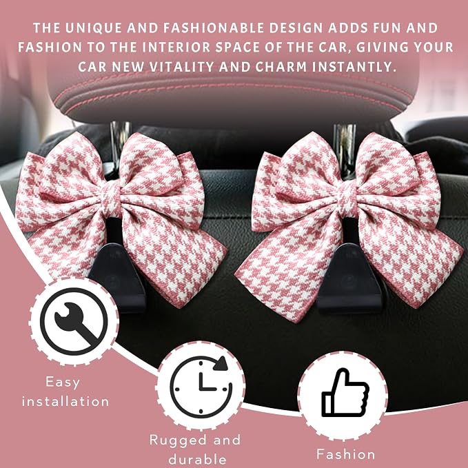2PCS Car Seat Headrest Hooks, Cute Bow Vehicle Rear Seat Bracket Hook for Purses and Bags, Automotive Purse Hook Hanger, Universal for SUV, Sedan, Truck (Pink)