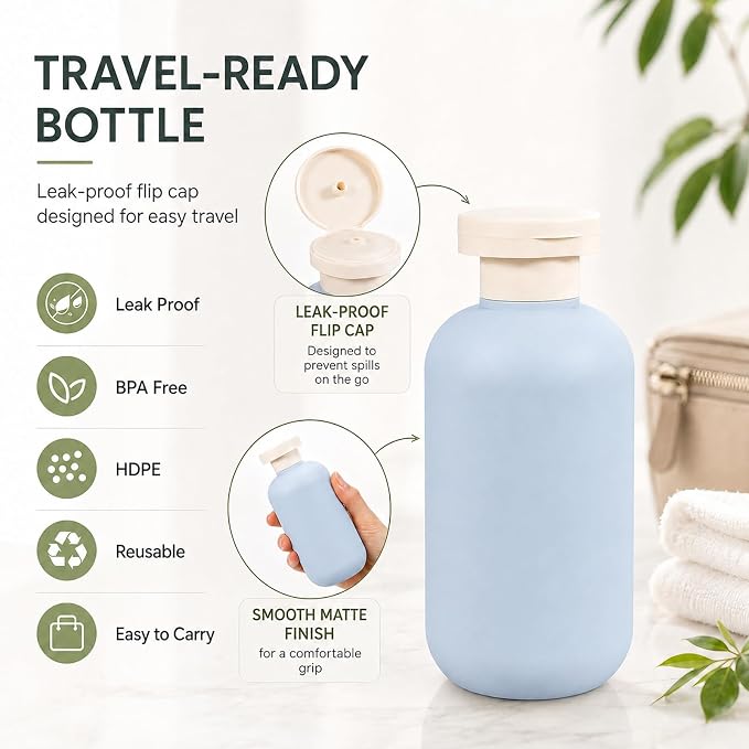 METAPACK 4Pack 6.8oz Travel Shampoo Bottles with Labels, Refillable Travel Bottles, Flip Top Squeeze Bottles, Portable Plastic Toiletry Containers for Lotion, Conditioner & Body Wash(grey, blue)
