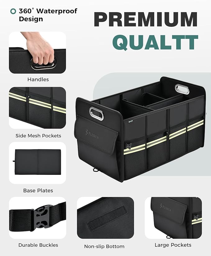 FLORICH Trunk Organizer for Suv, Premium Waterproof Car Organizers and Storage, Collapsible Multi-Compartment Truck Organizer Back Seat Storage for Car