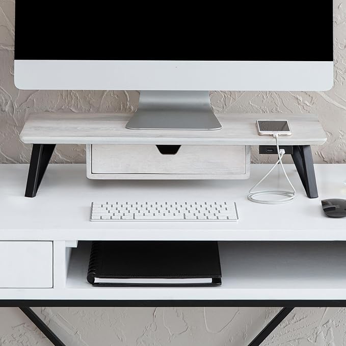 Anji Mountain Monitor Stand - Desktop Organizer & Laptop Riser, Ergonomic Monitor Riser, Space-Saving Monitor Stand for Desk, Durable Construction, Easy Assembly, Ideal for Home & Office,White Wash