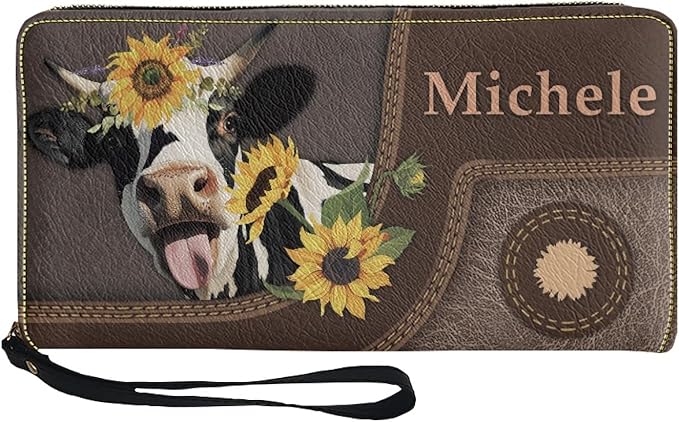 Bulopur Personalized Wallet Wristlet for Women PU Leather Sunflower Cow Print Clutch Purses for Ladies Waterproof Phone Holder Zip Around