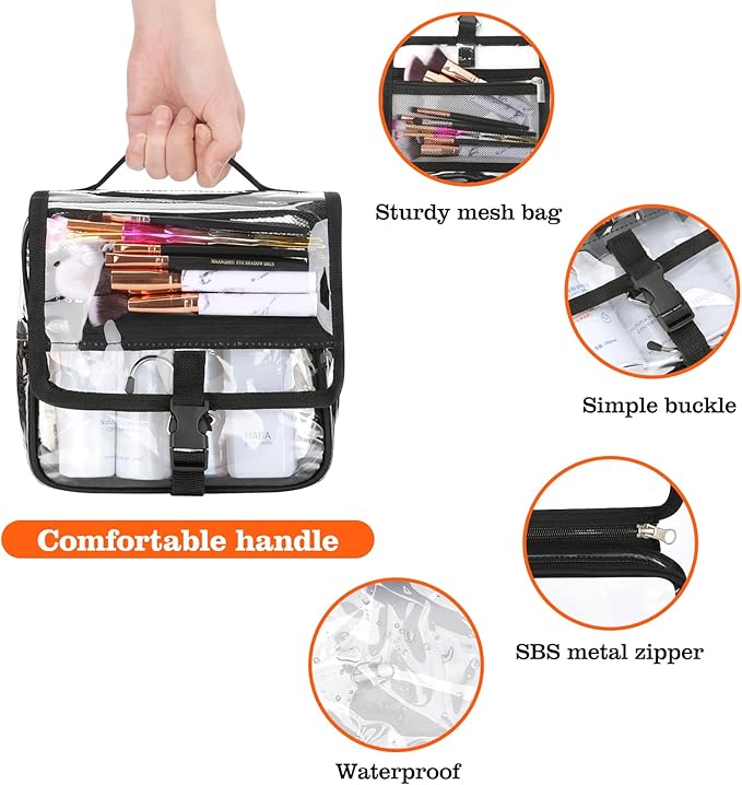 Clear Toiletry Bag with TSA Liquids Travel Bag, Hanging Travel Transparent Makeup Cosmetic Organizer, Waterproof Carry On Airline 3-1-1 Compliant Bag Quart Sized Luggage Pouch (Black-Clear)