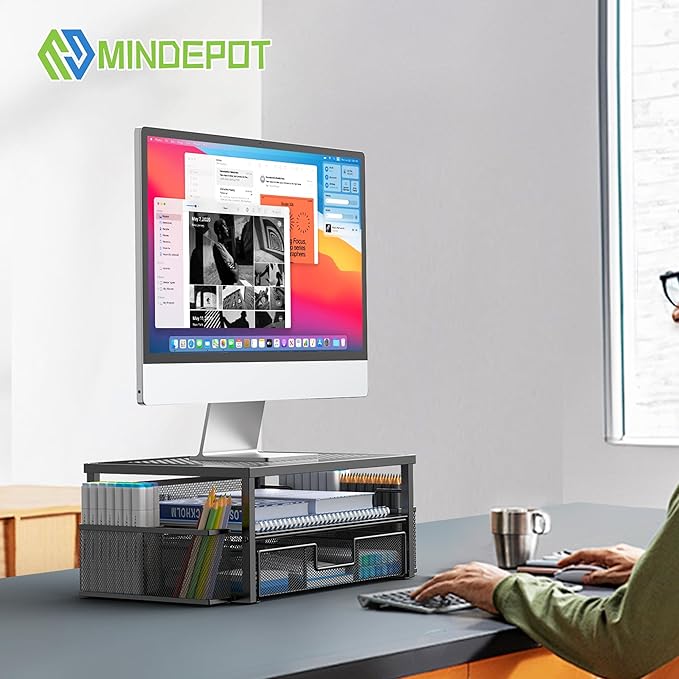 MINDEPOT 2 Tier Computer Monitor Stands with Drawer and 2 Pencil Holder, Metal Monitor Stand, Office Desk Accessories Workspace Desktop Organizers for Office Supplies, Black