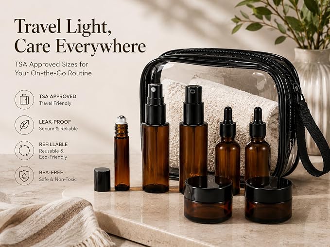 18Pack Avoid light Glass Travel Bottles for Toiletries, TSA Approved Skincare Travel containers with Label, BPA Free Leak Proof,Black-Brown