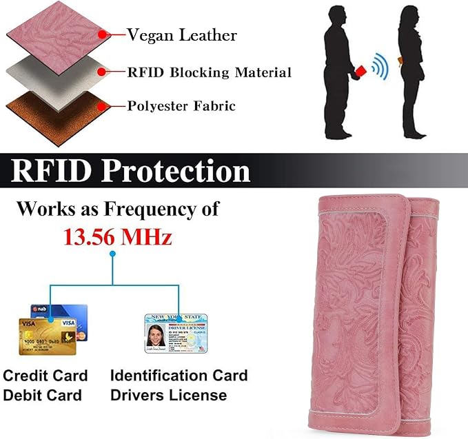 MEITRUE Women's Wallet Leather RFID Blocking Trifold Ladies Purse Embossed long Clutch Card Holder Phone Checkbook Organizer