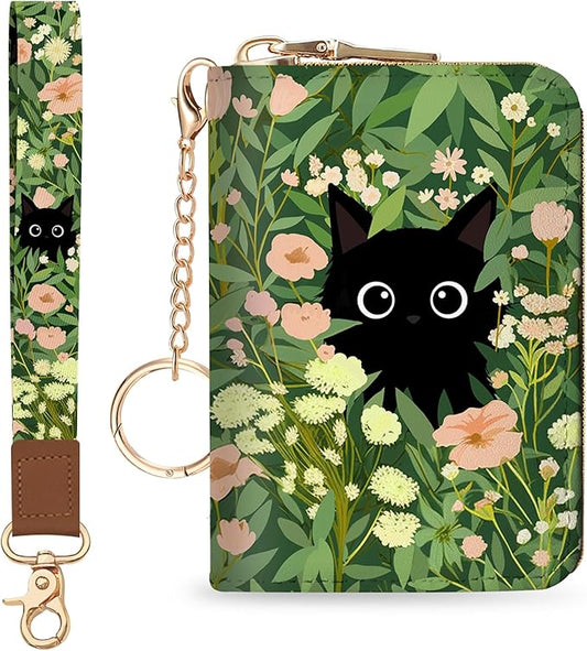 Blusabaca Credit Card Holder for Women, Black Cat Flower Small RFID Blocking Wallet with Wristlet Strap, Keychain Zipper Wallet, Leather Card Case, Card Wallet Purse with Key Lanyard
