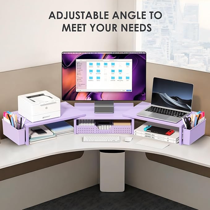 OPNICE Desk Organizers and Accessories, Dual Computer Monitor Stand Riser with Drawer and 2 Pen Holders, Office Desk Accessories, Workspace Desktop Organization for Office Supplies (Purple Metal )
