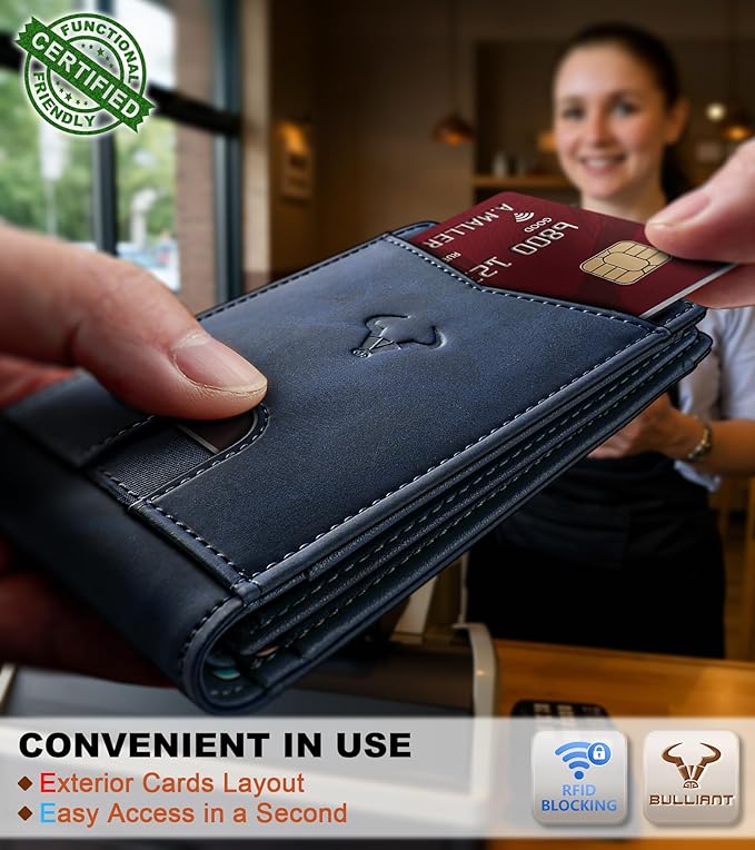 BULLIANT Men Wallet, Slim Leather Wallet Front Pocket Card Holder Gift For Men 11 Slots RFID Blocking