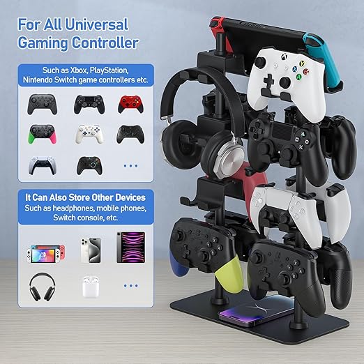 MANMUVIMO Controller Holder for 16 Xbox PS5 PS4 Gaming Controller, Video Game Controller Holder Headphone Stand for Desk, Gamer Gifts for Men, Gaming Room Accessories Maximum Organizer Rack