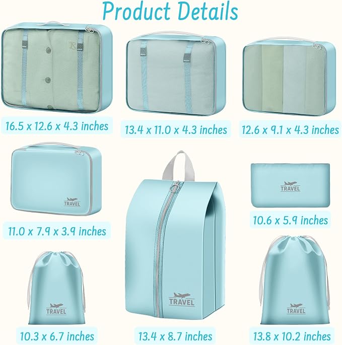 8 Set Packing Cubes for Travel Suitcase Organizer Bags Luggage Packing Cubes Set Travel Essentials Accessories Gifts for Women Blue