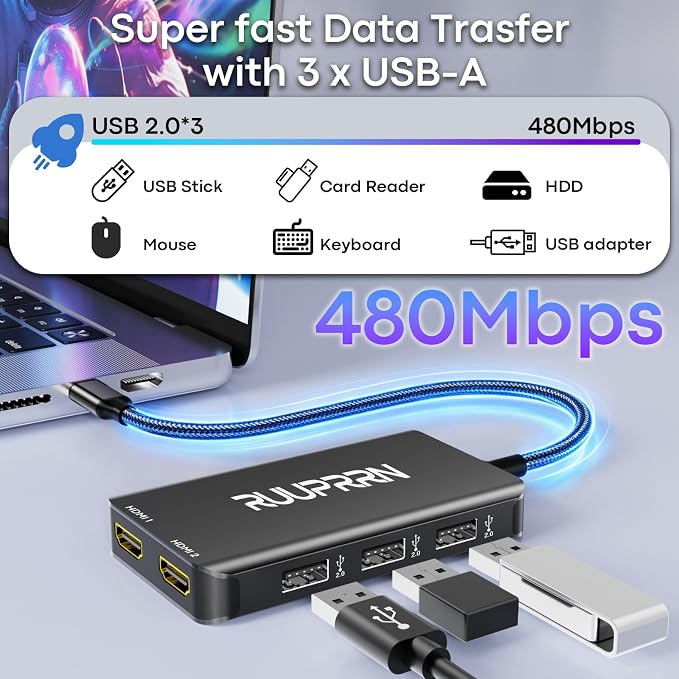 6-in-1 USB Hub (0.99FT), USB C to Dual HDMI Adapter 4K@60Hz, HDMI Splitter Extended Display for Dual Monitors with 100W PD Port, USB 2.0, Dual Monitor Adapter for MacBook Neo/Air/Pro, XPS, HP