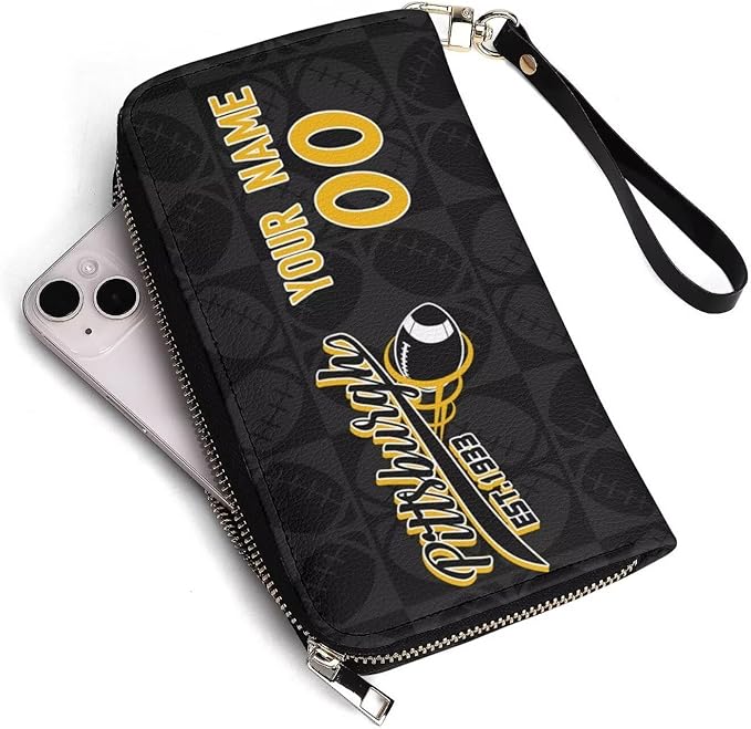 Custom Sports Team Zip Organizer Wallet-Personalized PU Leather Wallet with Name Number,Multi-Card Slots,Wrist Strap,Fan Gift for Men Women.