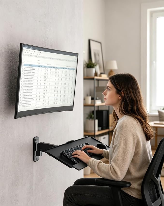 PUTORSEN Compact Wall Mount Keyboard Tray, Sit Stand 26 Inch Keyboard and Mouse Wall Mount with Spring Arm, Height Adjustable Ergonomic Typing Platform with Anti-Slip & Wrist Pad, Holds up to 19.8 lbs