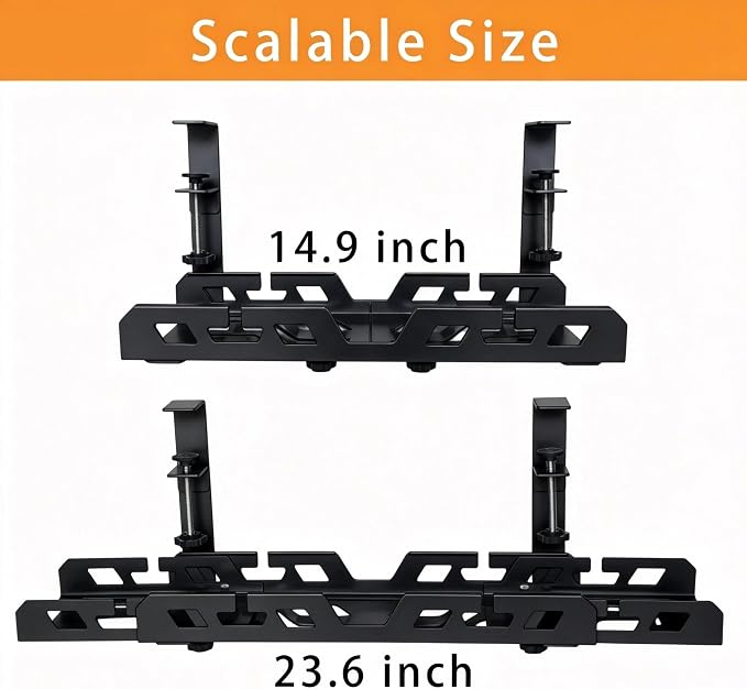 Under Desk Cable Management Tray 14.9-23.6 Inches Bidirectional Extendable Metal Cable Organizer with Clamp Mount, No Drill Wire Management System for Home Office & Gaming Desk(Black)
