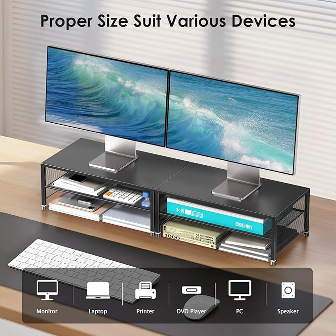 ECOLOVI 2-Tier Computer Monitor Stand Riser, Desk Organizer for Monitor, Printer & Laptop Stand, Desktop Workspace Organizers for Office Supplies(Black 2-Pack)