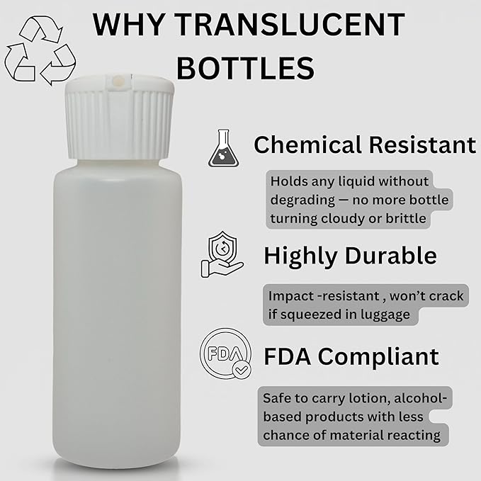 Translucent Squeeze Plastic Bottles with Flip Top Caps, 2 oz TSA Approved, Set of 3, Chemical Resistant, FDA Compliant. Safe for Premium Costmetic, Shampoo, Conditioner and DIY projects.