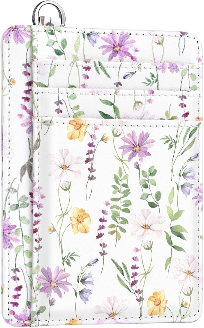 Coco Rossi Slim Front Pocket Wallet RFID ID Card Holder Cute Small Wallet with Keychian for Women,White Daisy
