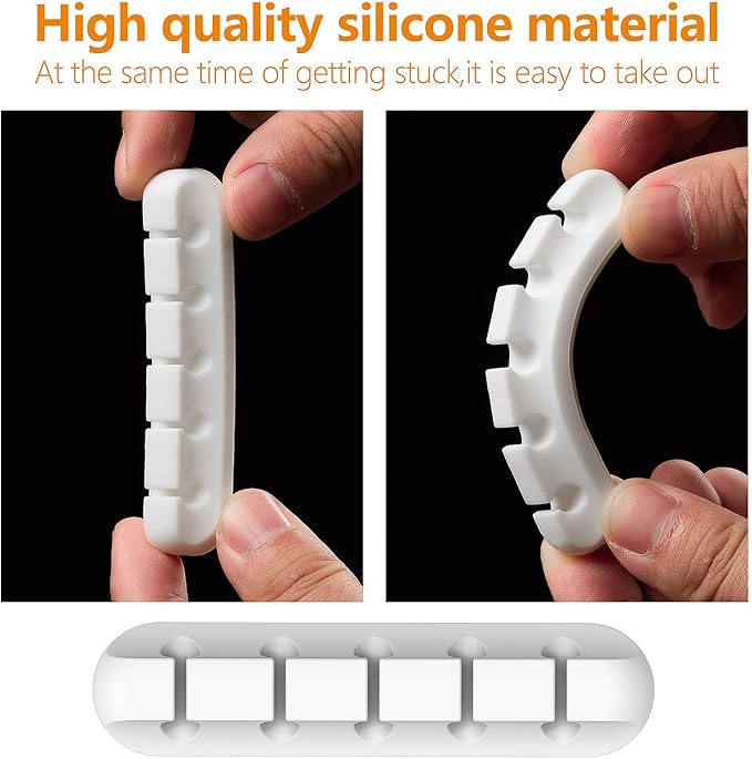 Cord Holder Cable Organizer Clips – Self Adhesive Cord Organizer for Desk, Car, Nightstands, Office, White Silicone Cord Keeper Cable Clips Wire Holders for Phone Charger Cords (7-5-3-1-1 Slots)