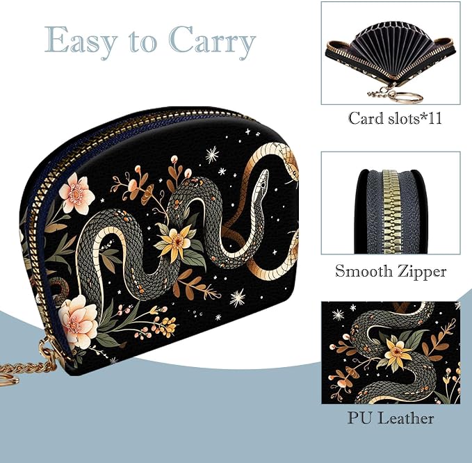 Women's Slim RFID Wallet – Compact Leather Card Holder Wallet for Women, 9 Card Slots RFID Blocking Credit Card Organizer, Small Travel Wallet - Aesthetic Snake Floral