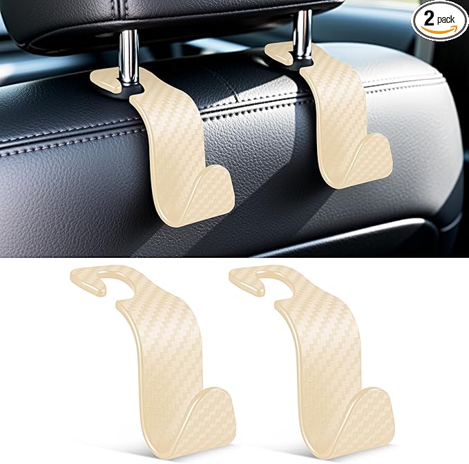 SINGARO Universal 2 Pack Car Seat Headrest Purse Hook, Carbon Fiber Back Seat Hook Storage Organizer Hanger for Purse Handbag Coat, Car Interior Accessories(Beige)