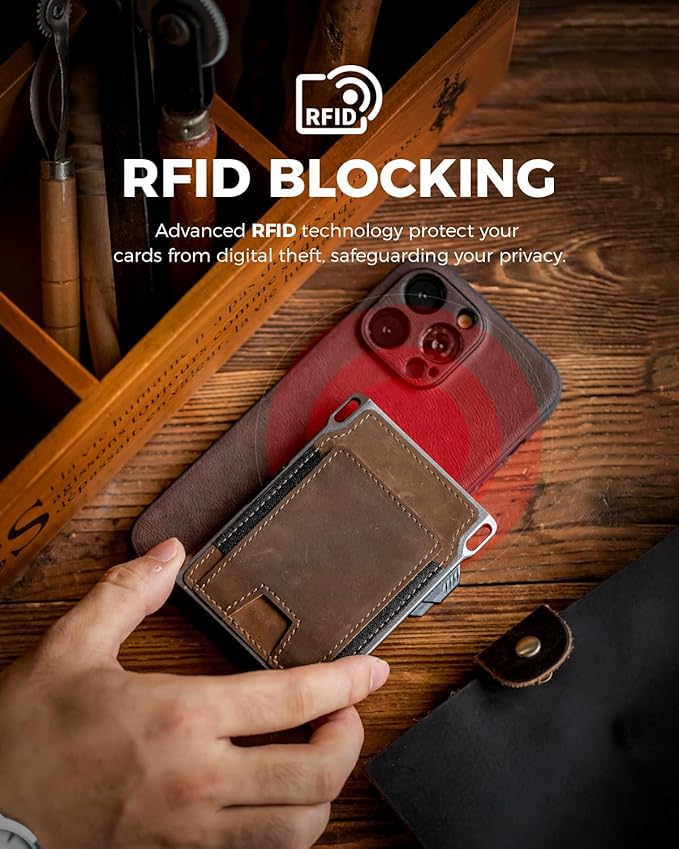 LORZOR Slim Tactical Wallet for Men- Minimalist Front Pocket Full Grain Leather Wallet for 10 Cards, RFID Blocking Aluminum Cardholder, Smart Pop Up Card Case, Money Clip, Gift Boxed(DistressBrown)
