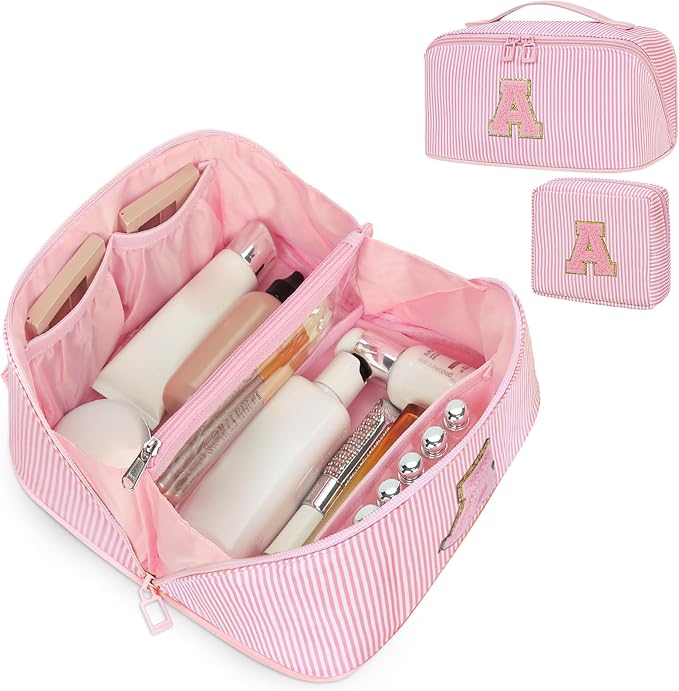 Initial Makeup Bag, Personalized Cosmetic Bag, 2Pcs Large Capacity Make Up Bag for Women, Open Flat Make up Cosmetic Organizer with Handle,Portable Make Up Organizer Pouch for Women - A