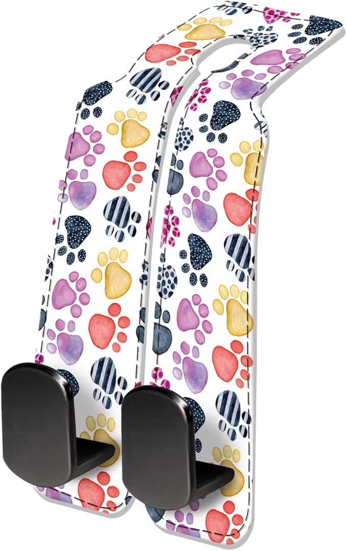 Car Seat Headrest Hook, Universal Leather Cute Hanger Holder Hook, Storage Organizer Interior Accessories for Purse Bags Handbag Cute Colorful Dog Paws