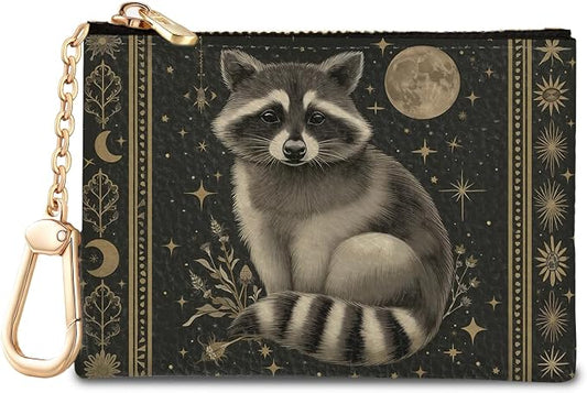 Vintage Raccoon Keychain Coin Purse for Women, Small PU Leather Change Pouch, Zipper Little Tiny Travel Wallet for Girls, Cute Kawaii Zip Pocket Coin Holder with Key Ring