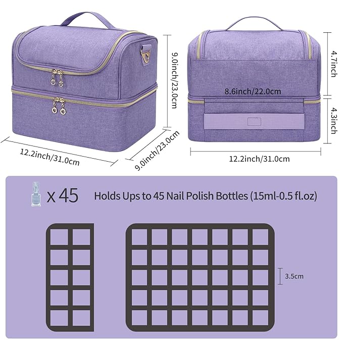 CUBETASTIC Nail Polish Organizer Case, Nail Supplies Storage Box Holds 45 Bottles Nail Polish & Nail Lamp, Travel Nail Tech Carrying Case, Nail Kit Bag For Nail Stuff & Manicure Tools