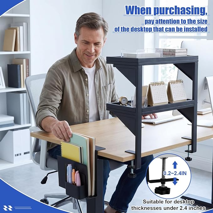 Chumia 2 Tier Clamp on Desk Clamp on Laptop Mount with Pen Holder Desktop Shelves Organizer Desktop Organizer Desk Organizers and Accessories Table Extender Attachment Shelves for Home Office