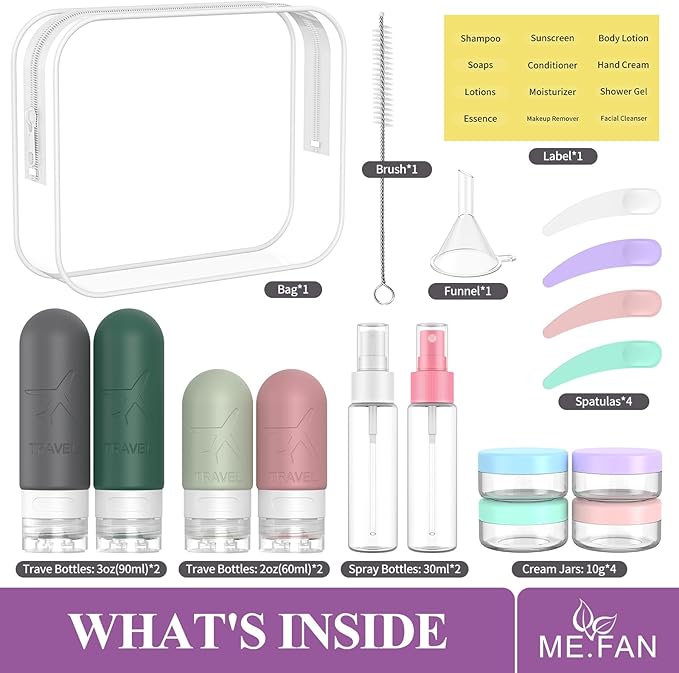 ME.FAN 18 Pack Travel Bottles for Toiletries, TSA Approved Travel Size Containers Set, Silicone Squeezable Portable Split Bottle, Travel Accessories for Conditioner, Shampoo, Lotion - Morandi